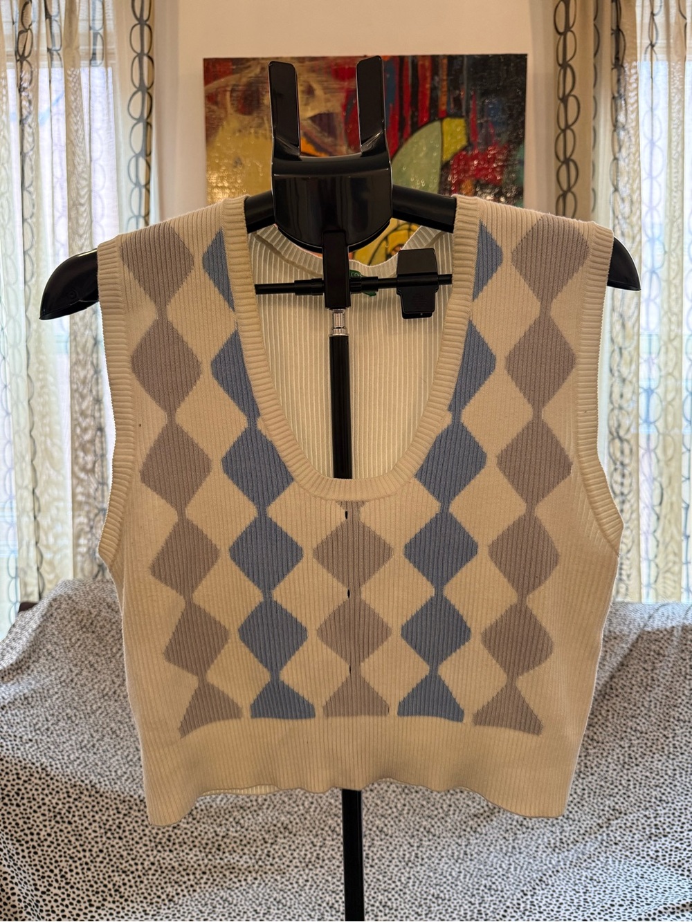 United Colors Of Benetton Cream Argyle Knit Tank with Blue & Gray Diamonds
